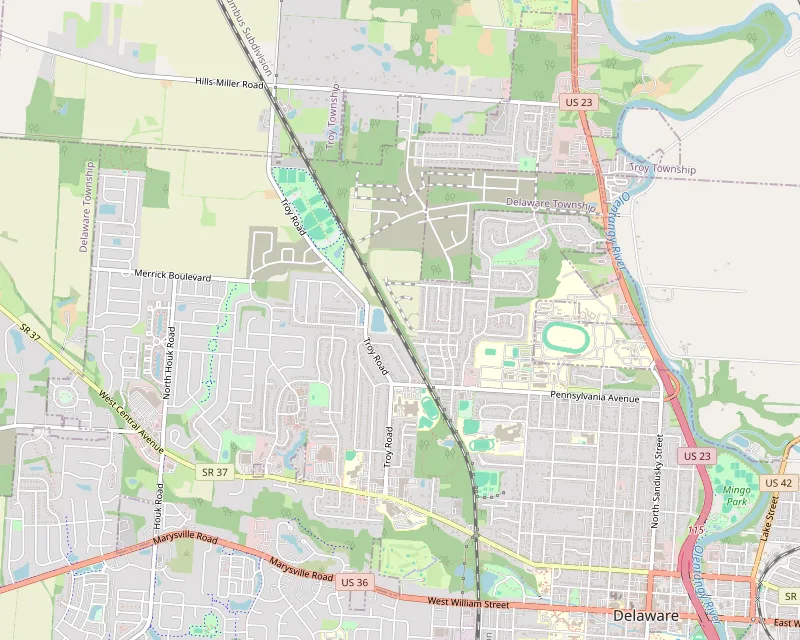 Map of Delaware, Ohio showing Smith Park and Delaware High School Stadium