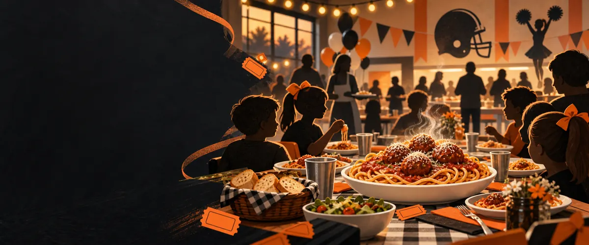Illustration of families gathering around a spaghetti dinner in a school cafeteria